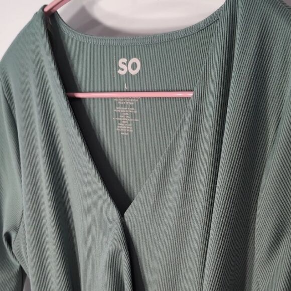 SO | Minimalist Teal Ribbed Long Sleeve Mini A-line Ruffle Dress Size L - Picture 3 of 8